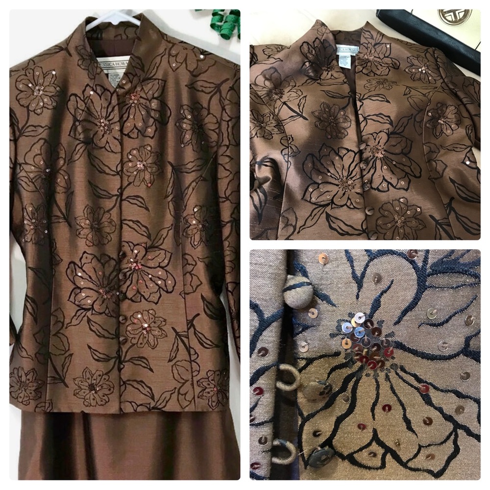 J Howard Maxi 2-piece Dress Set. Brown Black Floral Sequin Blazer. Sz 8 Sparkle